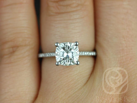 Danielle 7.5mm 14kt White Gold Cushion Forever One Moissanite Diamond Dainty Art Deco Solitaire Cushion Engagement Ring - Rosados Box