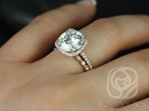 3.60ct Barra 10mm & Gwen 14kt Moissanite Diamond Cushion Halo Bridal Set - Rosados Box