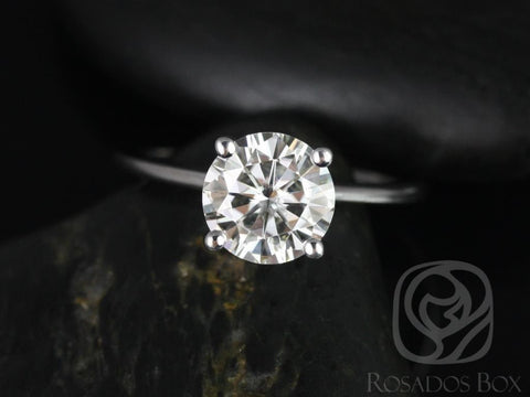 2ct Skinny Alberta 8mm 14kt White Gold Forever One Moissanite Dainty Minimalist Cathedral Round Solitaire Ring - Rosados Box