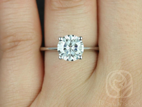 2ct Skinny Alberta 8mm 14kt White Gold Forever One Moissanite Dainty Minimalist Cathedral Round Solitaire Ring - Rosados Box