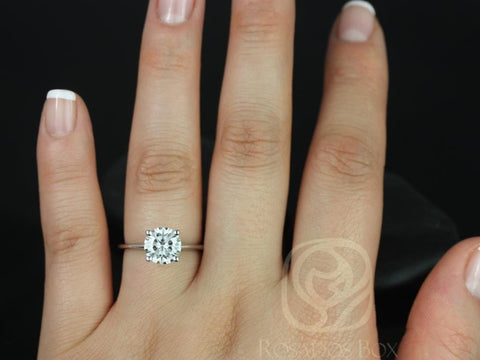 2ct Skinny Alberta 8mm 14kt White Gold Forever One Moissanite Dainty Minimalist Cathedral Round Solitaire Ring - Rosados Box