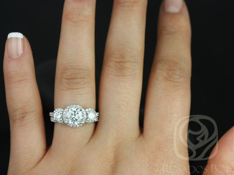 1.25ct Dita 7mm 14kt Forever One Moissanite Diamond Three Stone Round Halo Bridal Set - Rosados Box