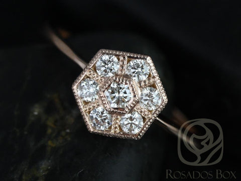 Mosaic 14kt Rose Gold Vintage Hexagon WITH Milgrain Diamonds Dainty Unique Cluster Ring - Rosados Box