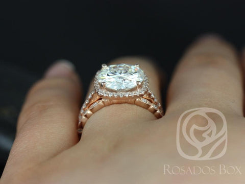 3.60ct Barra 10mm & Gwen 14kt Moissanite Diamond Cushion Halo Bridal Set - Rosados Box