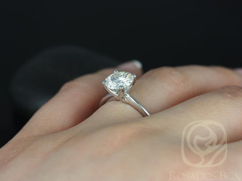 2ct Skinny Alberta 8mm 14kt White Gold Forever One Moissanite Dainty Minimalist Cathedral Round Solitaire Ring - Rosados Box