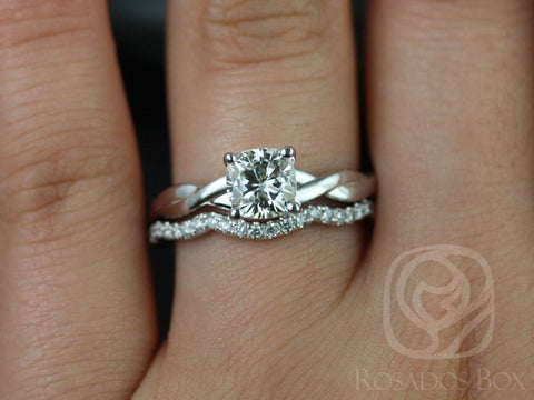 1ct Candace 6mm 14kt Gold Cushion Moissanite Twist Crossover Cushion Solitaire Bridal Set - Rosados Box