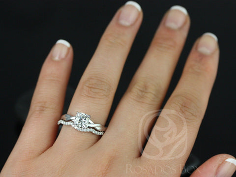 1ct Candace 6mm 14kt Gold Cushion Moissanite Twist Crossover Cushion Solitaire Bridal Set - Rosados Box