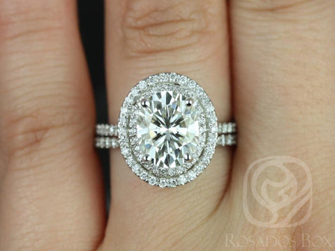 3ct Cara 10x8mm 14kt Gold Moissanite Diamond Dainty Oval Double Halo Bridal Set - Rosados Box