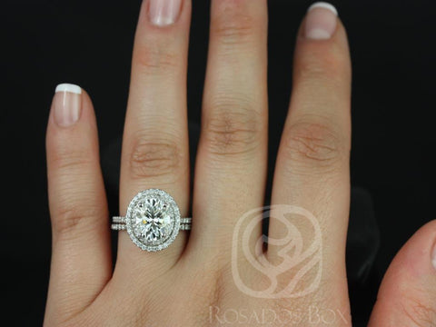 3ct Cara 10x8mm 14kt Gold Moissanite Diamond Dainty Oval Double Halo Bridal Set - Rosados Box