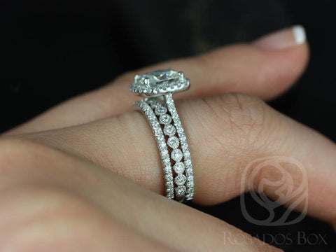 2ct Catalina 7.5mm & Petite Bubbles 14kt Moissanite Diamond Art Deco TRIO Cushion Halo Bridal Set - Rosados Box