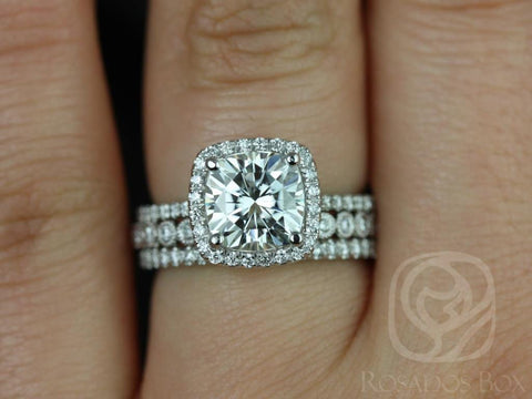 2ct Catalina 7.5mm & Petite Bubbles 14kt Moissanite Diamond Art Deco TRIO Cushion Halo Bridal Set - Rosados Box