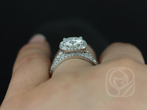 2ct Catalina 7.5mm & Petite Bubbles 14kt Moissanite Diamond Art Deco TRIO Cushion Halo Bridal Set - Rosados Box