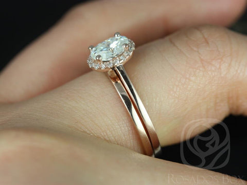 1ct Celeste 7x5mm & Plain Barra 14kt Gold Moissanite Diamonds Dainy Oval Halo Bridal Set - Rosados Box