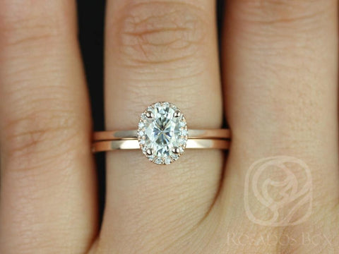 1ct Celeste 7x5mm & Plain Barra 14kt Gold Moissanite Diamonds Dainy Oval Halo Bridal Set - Rosados Box
