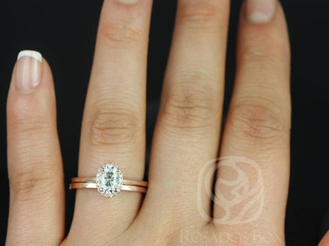 1ct Celeste 7x5mm & Plain Barra 14kt Gold Moissanite Diamonds Dainy Oval Halo Bridal Set - Rosados Box