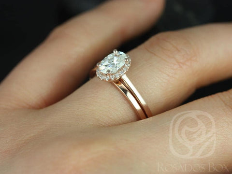 1ct Celeste 7x5mm & Plain Barra 14kt Gold Moissanite Diamonds Dainy Oval Halo Bridal Set - Rosados Box