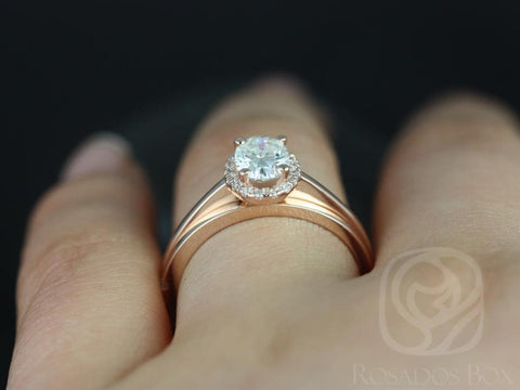 1ct Celeste 7x5mm & Plain Barra 14kt Gold Moissanite Diamonds Dainy Oval Halo Bridal Set - Rosados Box
