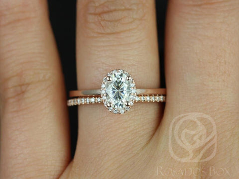 1ct Celeste 7x5mm & Romani 14kt Gold Moissanite Diamonds Oval Halo Bridal Set - Rosados Box