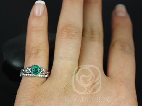 Cassidy 6mm 14kt Solid White Gold Green Emerald Diamond Celtic Love Knot Irish Triquetra Round Bridal Set - Rosados Box