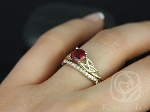 Cassidy 6mm 14kt Solid Gold Round Ruby Diamonds Celtic Love Knot Triquetra Bridal Set - Rosados Box