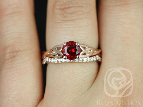 Cassidy 6mm 14kt Solid Rose Gold Ruby Diamonds Celtic Love Knot Triquetra Classic Bridal Set - Rosados Box