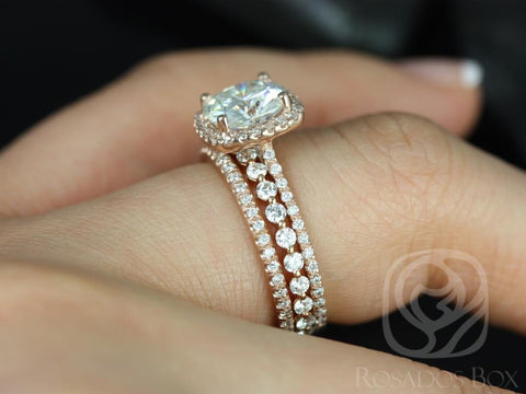 2ct Catalina 7.5mm & Petite Naomi 14kt Moissanite Diamond Cushion Halo TRIO Bridal Set - Rosados Box
