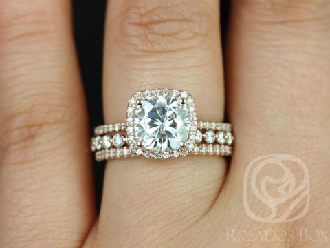 2ct Catalina 7.5mm & Petite Naomi 14kt Moissanite Diamond Cushion Halo TRIO Bridal Set - Rosados Box