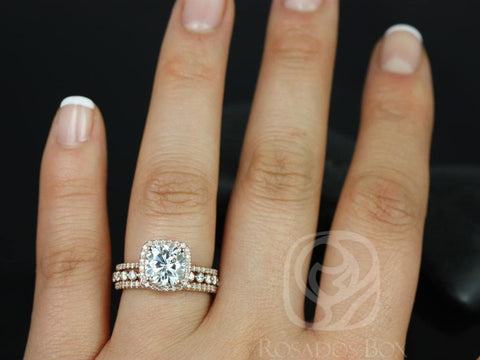 2ct Catalina 7.5mm & Petite Naomi 14kt Moissanite Diamond Cushion Halo TRIO Bridal Set - Rosados Box