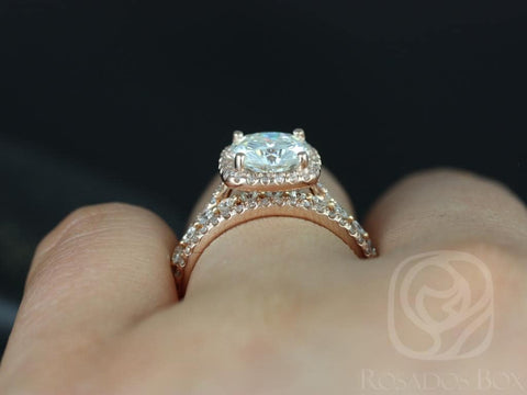 2ct Catalina 7.5mm & Petite Naomi 14kt Moissanite Diamond Cushion Halo TRIO Bridal Set - Rosados Box