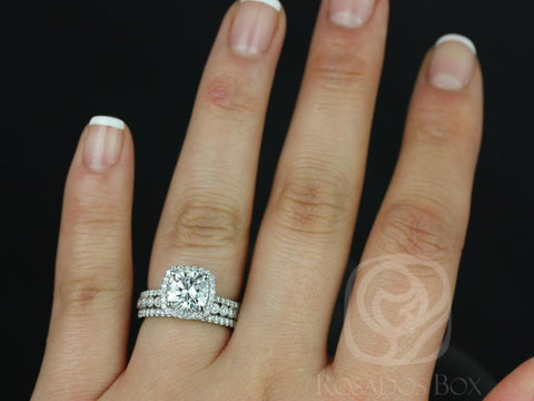2ct Catalina 7.5mm & Petite Bubbles 14kt Moissanite Diamond Art Deco TRIO Cushion Halo Bridal Set - Rosados Box