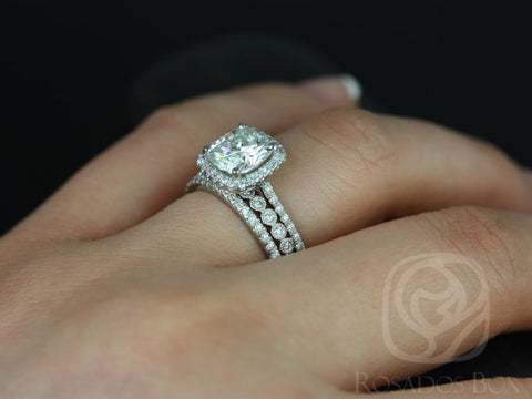 2ct Catalina 7.5mm & Petite Bubbles 14kt Moissanite Diamond Art Deco TRIO Cushion Halo Bridal Set - Rosados Box