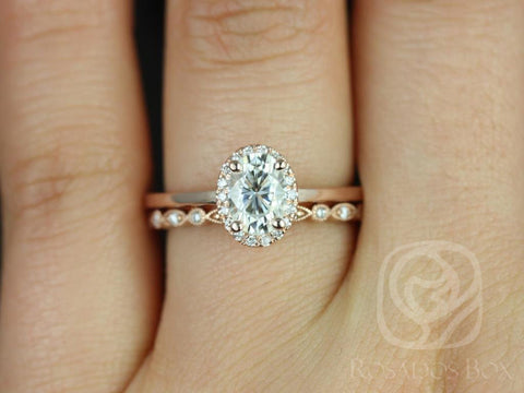 1ct Celeste 7x5mm & Gwen 14kt Oval Moissanite Diamonds Oval Halo Bridal Set - Rosados Box