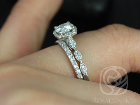 0.75ct Christie 6mm & Callie 14kt Gold Moissanite Diamond Halo WITH Milgrain Bridal Set - Rosados Box