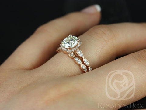 1.25ct Ready to Ship Christie 7mm 14kt WHITE Gold Moissanite Diamond WITH Milgrain Cushion Halo Bridal Set - Rosados Box