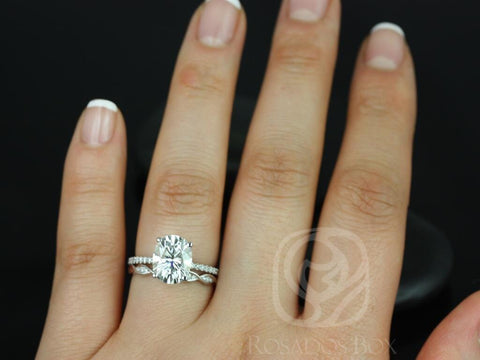 3ct Oval Forever One Moissanite Diamonds Thin Solitaire Accent Bridal Set,14kt White Gold,Darcy 10x8mm & Ember