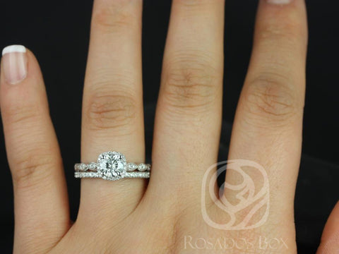 0.75ct Christie 6mm & Callie 14kt Gold Moissanite Diamond Halo WITH Milgrain Bridal Set - Rosados Box