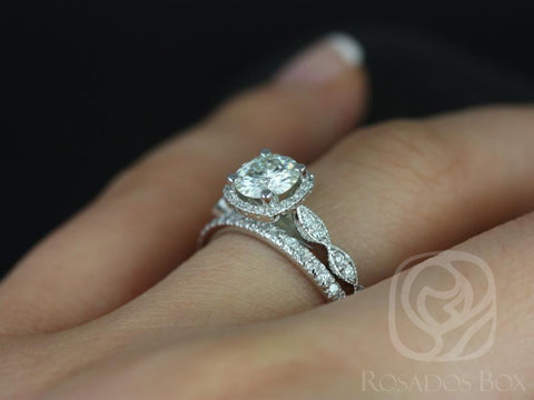 0.75ct Christie 6mm & Callie 14kt Gold Moissanite Diamond Halo WITH Milgrain Bridal Set - Rosados Box