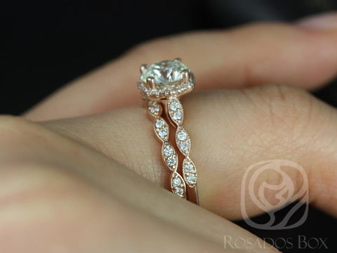 1.25ct Ready to Ship Christie 7mm 14kt WHITE Gold Moissanite Diamond WITH Milgrain Cushion Halo Bridal Set - Rosados Box