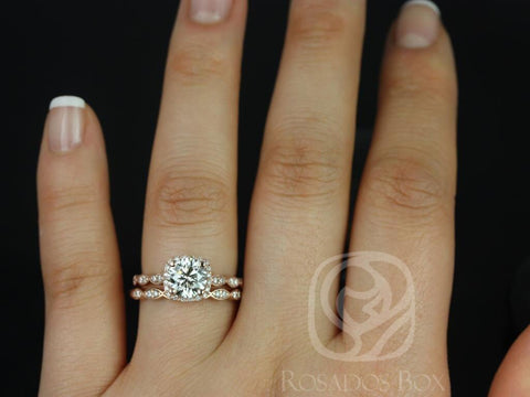 1.25ct Ready to Ship Christie 7mm 14kt WHITE Gold Moissanite Diamond WITH Milgrain Cushion Halo Bridal Set - Rosados Box