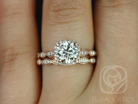 1.25ct Ready to Ship Christie 7mm 14kt WHITE Gold Moissanite Diamond WITH Milgrain Cushion Halo Bridal Set - Rosados Box