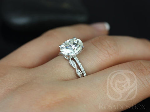 3ct Oval Forever One Moissanite Diamonds Thin Solitaire Accent Bridal Set,14kt White Gold,Darcy 10x8mm & Ember