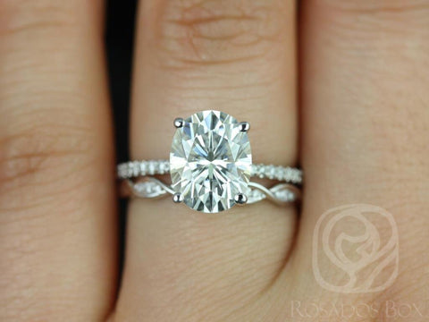 3ct Oval Forever One Moissanite Diamonds Thin Solitaire Accent Bridal Set,14kt White Gold,Darcy 10x8mm & Ember