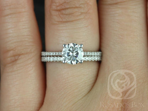 1ct Eloise 6.5mm 14kt Gold Moissanite Diamond Round Solitaire Accent Classic Bridal Set - Rosados Box