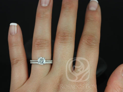 1ct Eloise 6.5mm 14kt Gold Moissanite Diamond Round Solitaire Accent Classic Bridal Set - Rosados Box