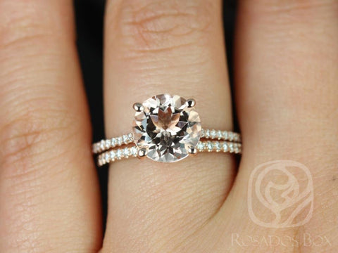Eloise 9mm 14kt Rose Gold Morganite Diamonds Thin Cathedral Round Solitaire Accent Classic Bridal Set - Rosados Box