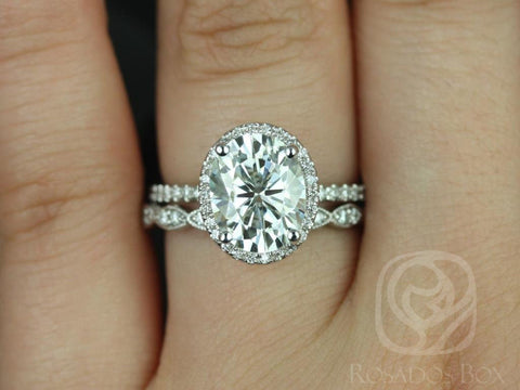 3ct Federella 10x8mm & Christie 14kt Moissanite Diamond Oval Halo Bridal Set - Rosados Box