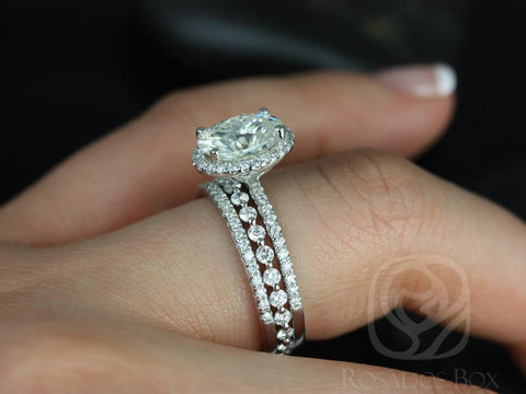 2ct Federella 9x7mm & Petite Naomi 14kt Gold Moissanite Diamond Dainty Oval Halo TRIO Bridal Set - Rosados Box