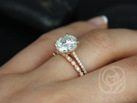 2.70ct Eloise 9mm & Gwen 14kt Rose Gold Moissanite Diamonds Dainty Art Deco Round Bridal Set - Rosados Box