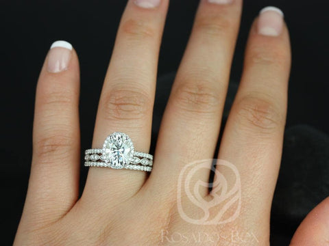 2ct Federella 9x7mm & Christie 14kt Moissanite Diamond Oval Halo TRIO Bridal Set - Rosados Box