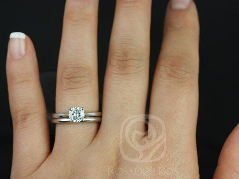 Ready to Ship Flora 6mm 0.75ct 14kt YELLOW Gold Round Forever One Moissanite Tapered Cathedral Solitaire Wedding Set Rings,Rosados Box - Rosados Box